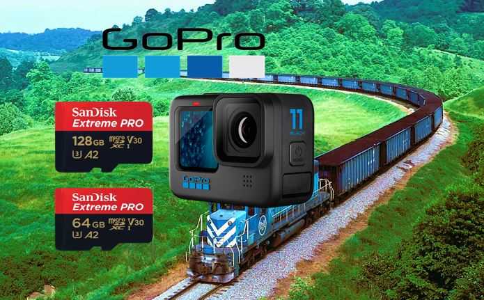 Gebruik een SanDisk Extreme Pro micro SD kaart in jouw GoPro Hero 11. Zo worden al je avonturen tijdens het treinen spotten goed opgeslagen.